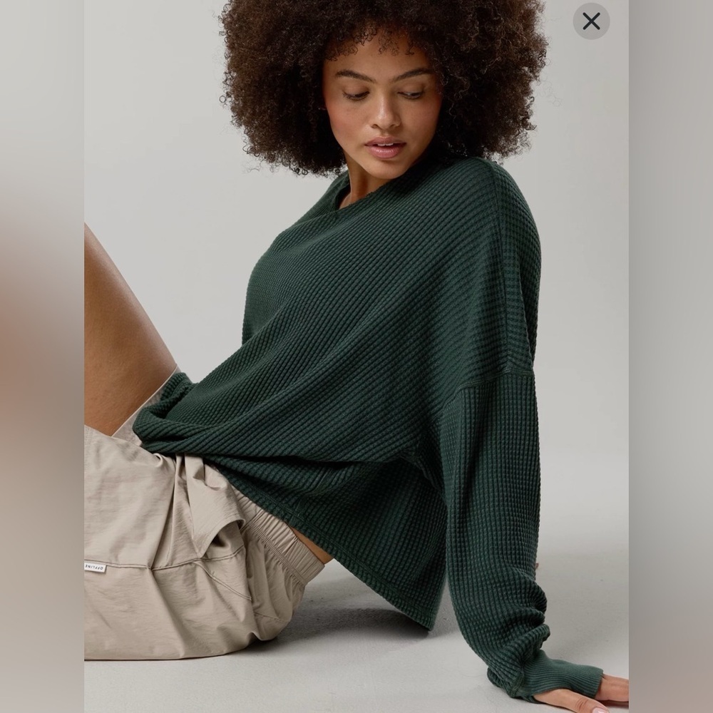 OFFLINE By Aerie Hunter Green Waffle Notch Neck Long Sleeve T-Shirt Size Small
